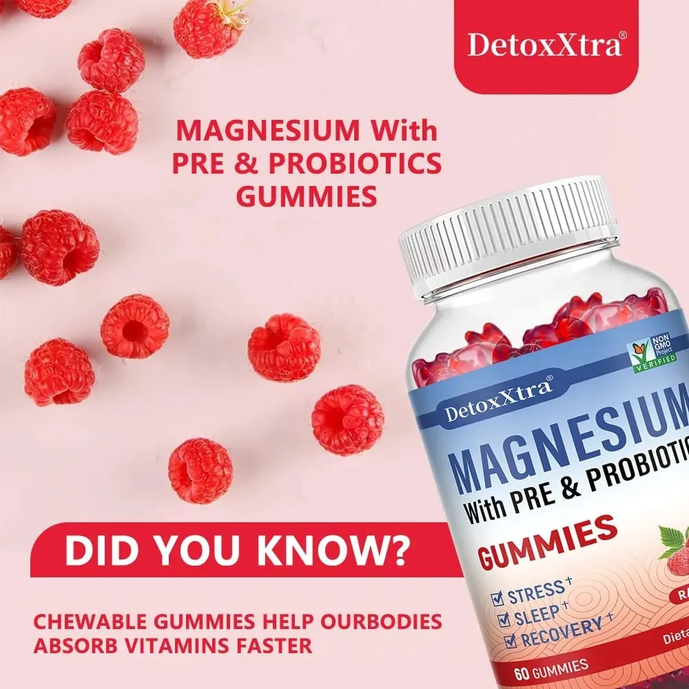 Magnesium Citrate Supplement Gummies with Prebiotics & Probiotics for Stress Sleep & Recovery - Vegan Gluten Free Non-GMO
