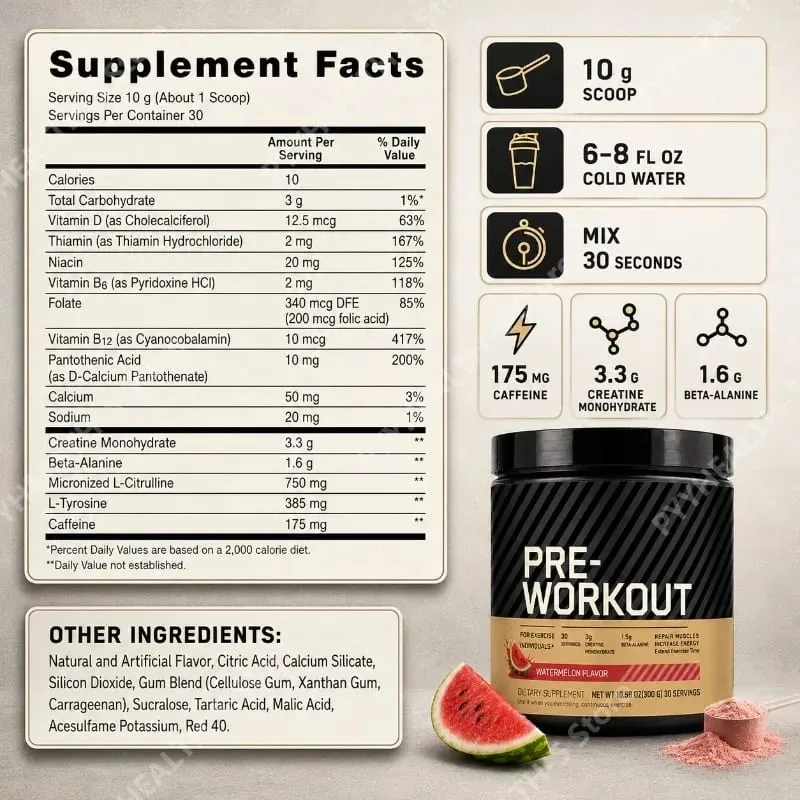Předtréninkový prášek s kreatinem Beta Alanin L Citrulin Tyrosin Kofein Energie Endurance Focus Support 300 g 30 porcí