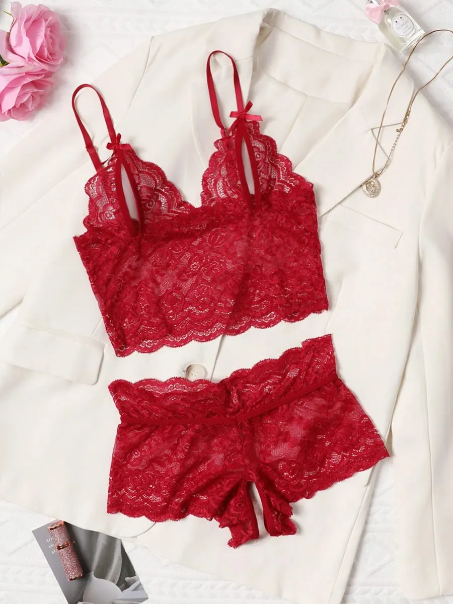 Open Bra 2 Pcs Women Lace See-Through Pajama Black Cute Clothes Comfortable Breathable Suspender Shorts Bra And Brief Set Hollow