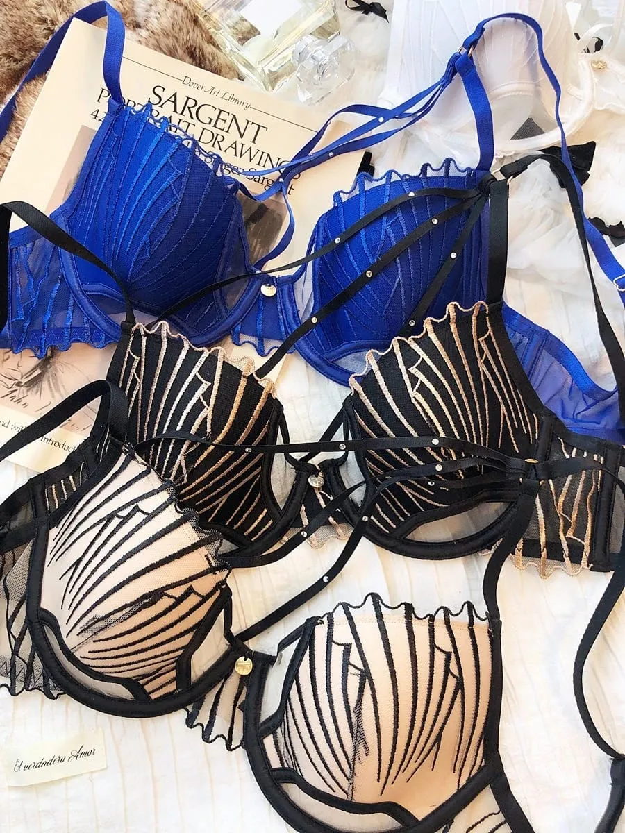 Sexy Hollow Push Up Bra Set French Thin Cup Underwear Women Classic Bandage Brassiere Black Temptation Lingerie Panties SetS