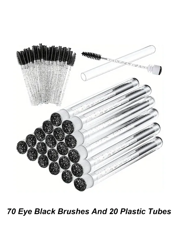 [70 Eye Black Brushes And 20 Plastic Tubes] Disposable Crystal Rod Eyebrows Extremely Fine Soft Brush Portable And Flexible
