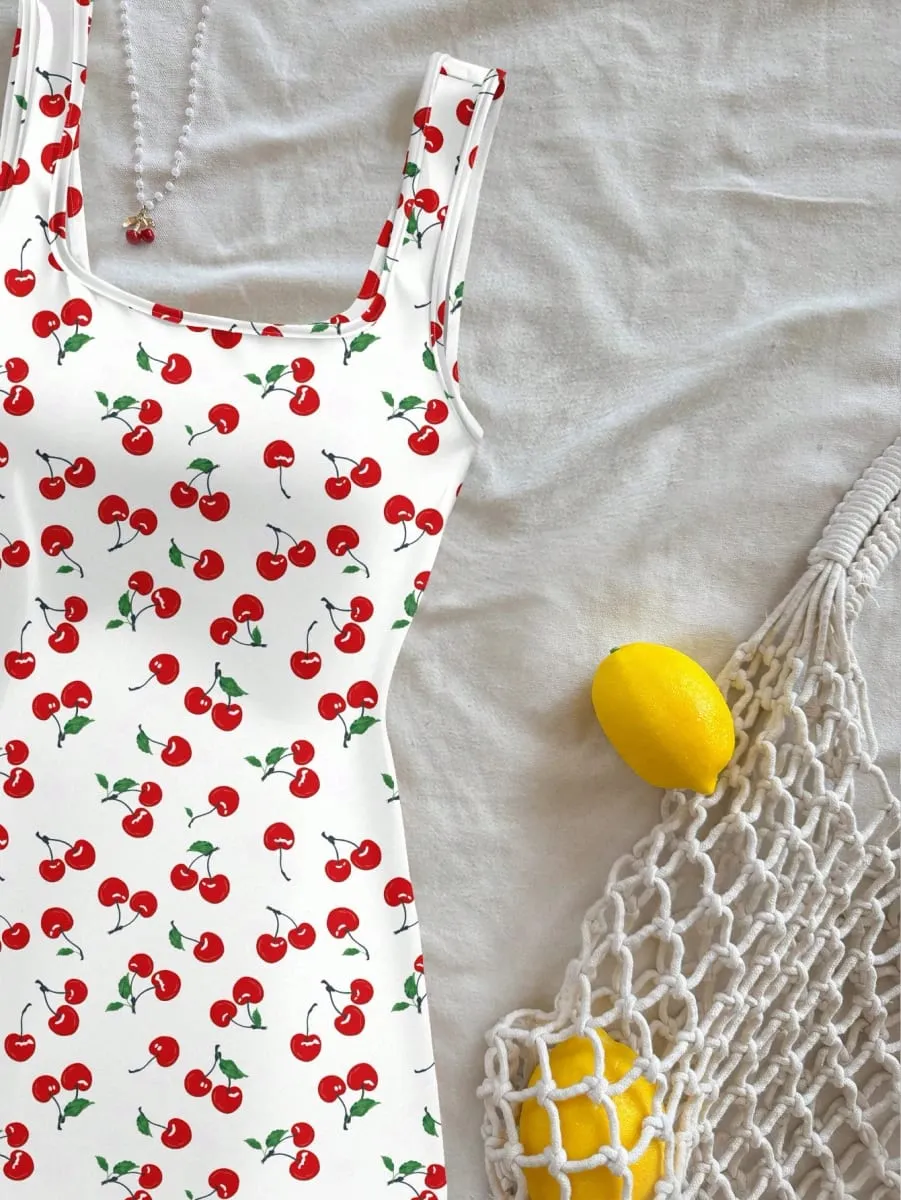 Women's Sexy Vacation Style U-Neck Cherry Print Open Back Side Slit Mini Dress for Spring/Summer — image 4