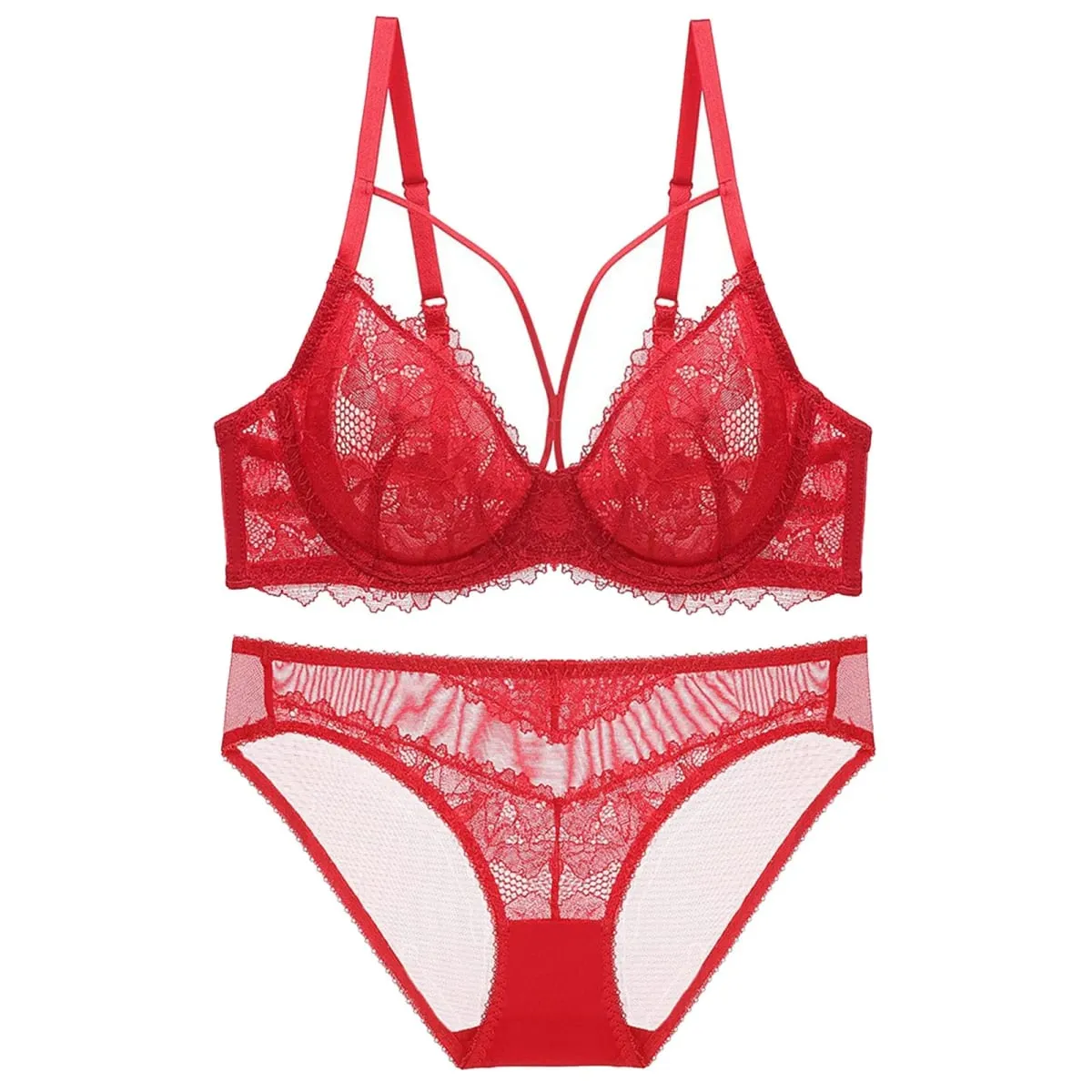Women Thin Unpadded Sheer Lace Minimizer Bra Panties Set Big Bust Reduce Breathable Elegant Daily Women Lingerie Underwear Set