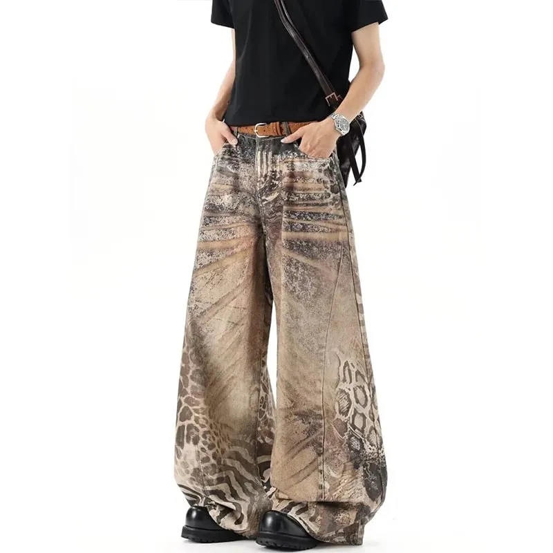 Washed Brown Distressed Leopard Printed Loose Men's Jeans Streetwear Casual Wide Leg Denim Long Pants Summer New