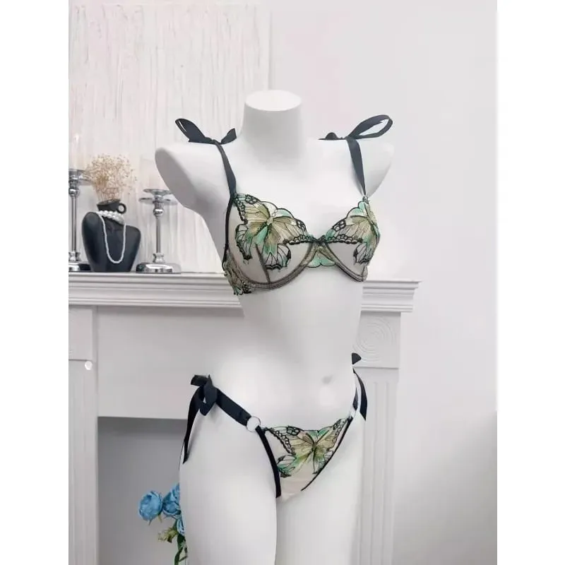 Butterfly Embroidery French Lace Bra Sheer Net Elastic Straps No Padding Romantic Womens Lingerie Set S-XL Soft Comfy — image 3