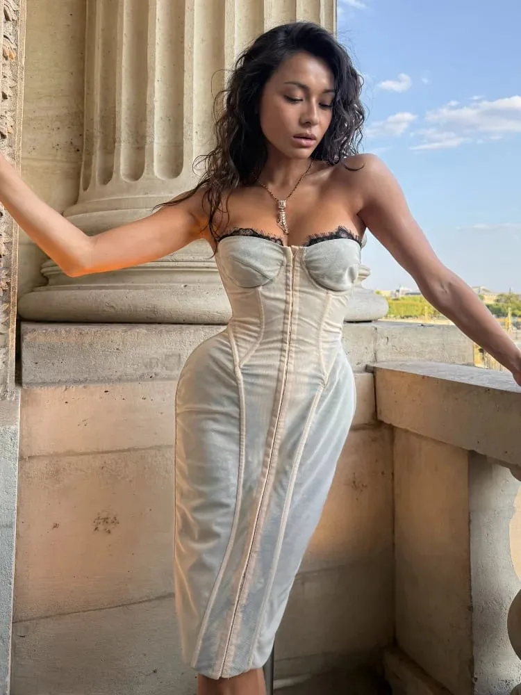 Sexy Strapless Corset Midi Dress Lace Trim Bust Bodycon Long Gowns Women's Sexy Elegant Wedding Guest Evening Outfit 2026 New — image 1