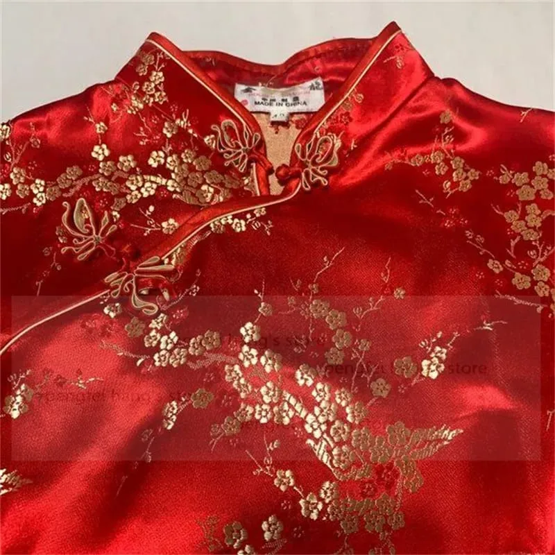 Κινέζικο στυλ Γυναικείο Dragon Phenix Qipao Classic Red Satin Cheongsam Plus Size Μίνι Φόρεμα με κοντό μανίκι Vestidos 3XL 4XL 5XL 6XL
