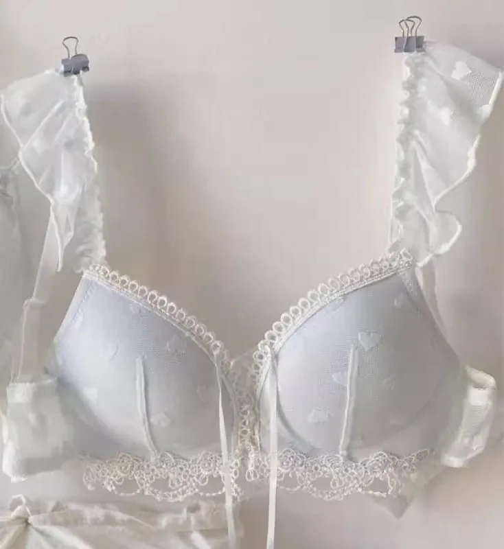 Japanese Kawaii Lingerie Set Small Chest Sweet Heart Print Wireless Bralette & Panty Set Comfortable Anti-Sagging Bra for Women