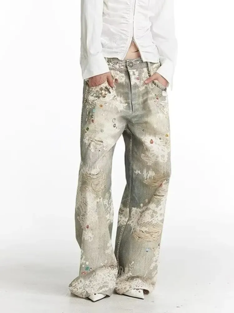 Mens Jeans Vintage Digital Print Distressed Denim Pants Harajuku Unisex Straight Leg Loose Fit Casual Streetwear Fashion Trend