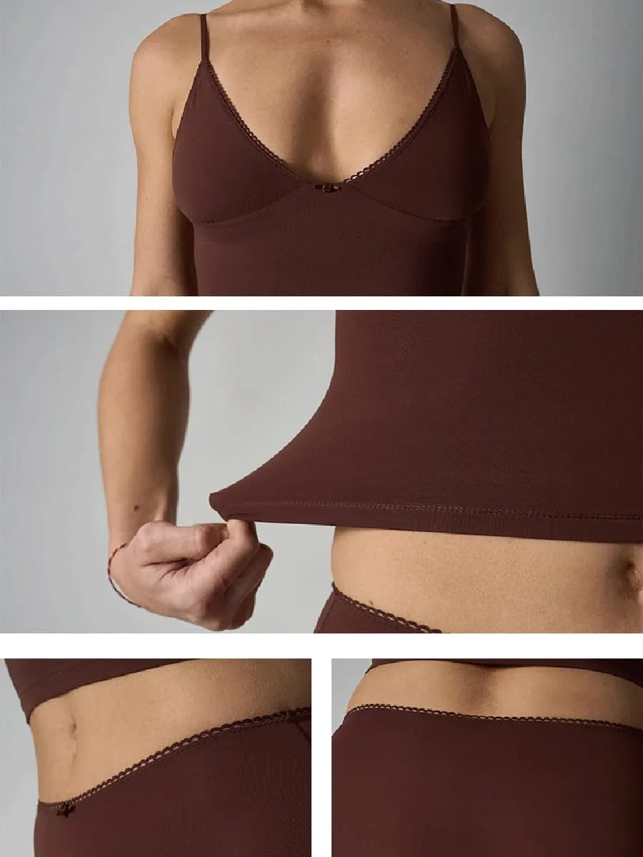 Solid Thin Seamless Lingerie Set Women Lace Trim Triangular Cup Camisole With Boxer Shorts High Elasticity Slim Floral Bra Sets