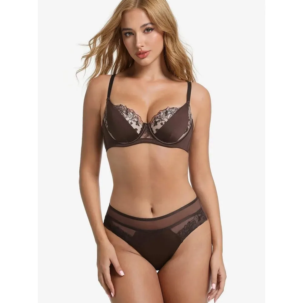 Big Bust D Cup Plus Size Color Block Lace Bra Set Thin Cup Full Coverage Brassiere Lingerie Set Curvy Women Underwear