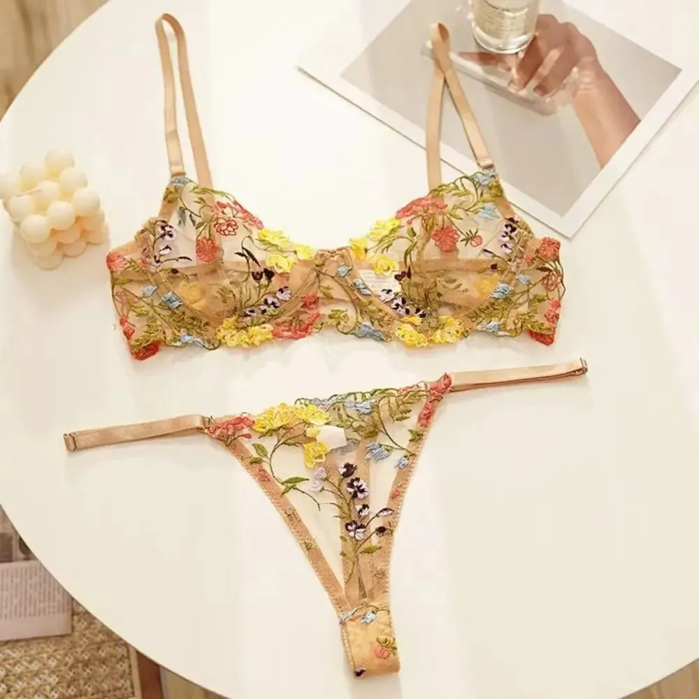 Versatile Transparent Lingerie Set Ultra-thin Push Up Panties Bra Set Elegant Embroidery Floral Underwear Women