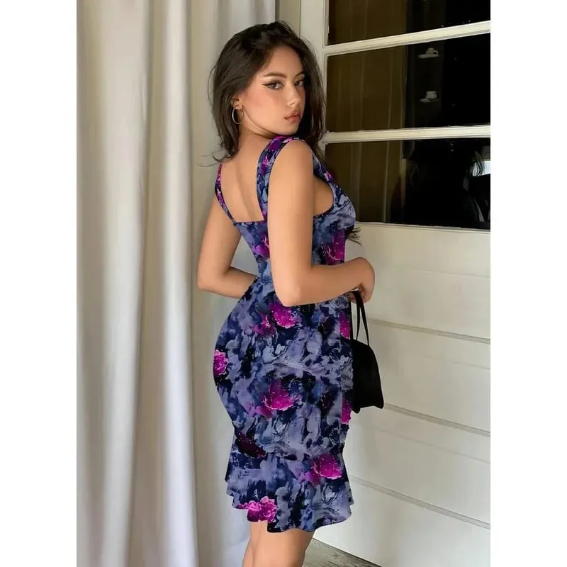 Gradient Floral Sleeveless Deep V Bodycon Dress with Ruffle Hem Sexy Fitted Waist Evening Wear Wrinkle-Resistant Polyester — image 4