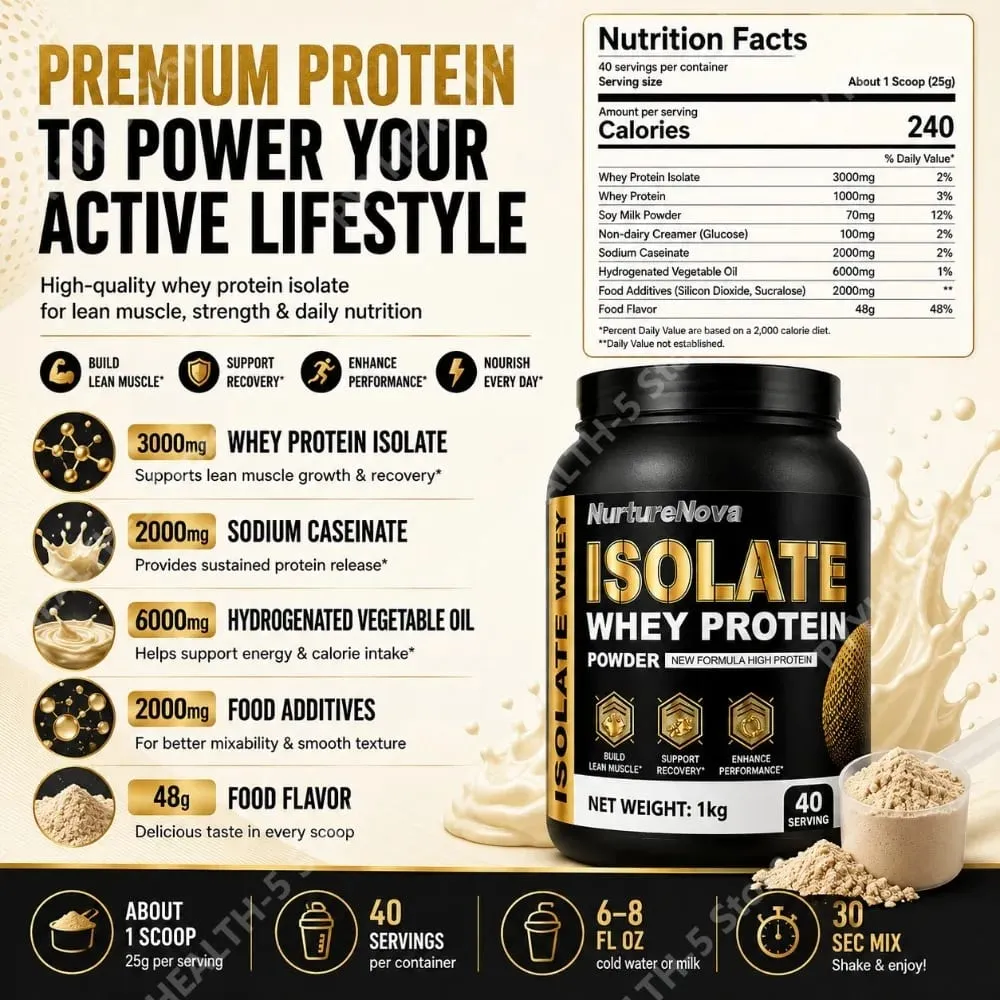 Isolate Whey Protein Powder 1kg High Protein Sports Nutrition Shake Fast Mixing Daily Fitness Nutrition 40 Servings Vanilla