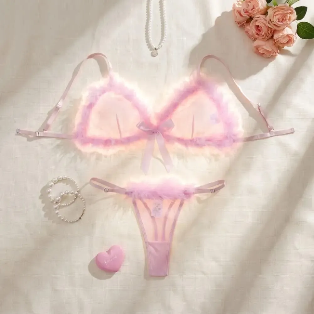Furry Women's Underwear Mesh Transparent Wireless Lingerie Set Bow Decor Romantic Intimate Bra Panties Suit Valentine's Day — image 4