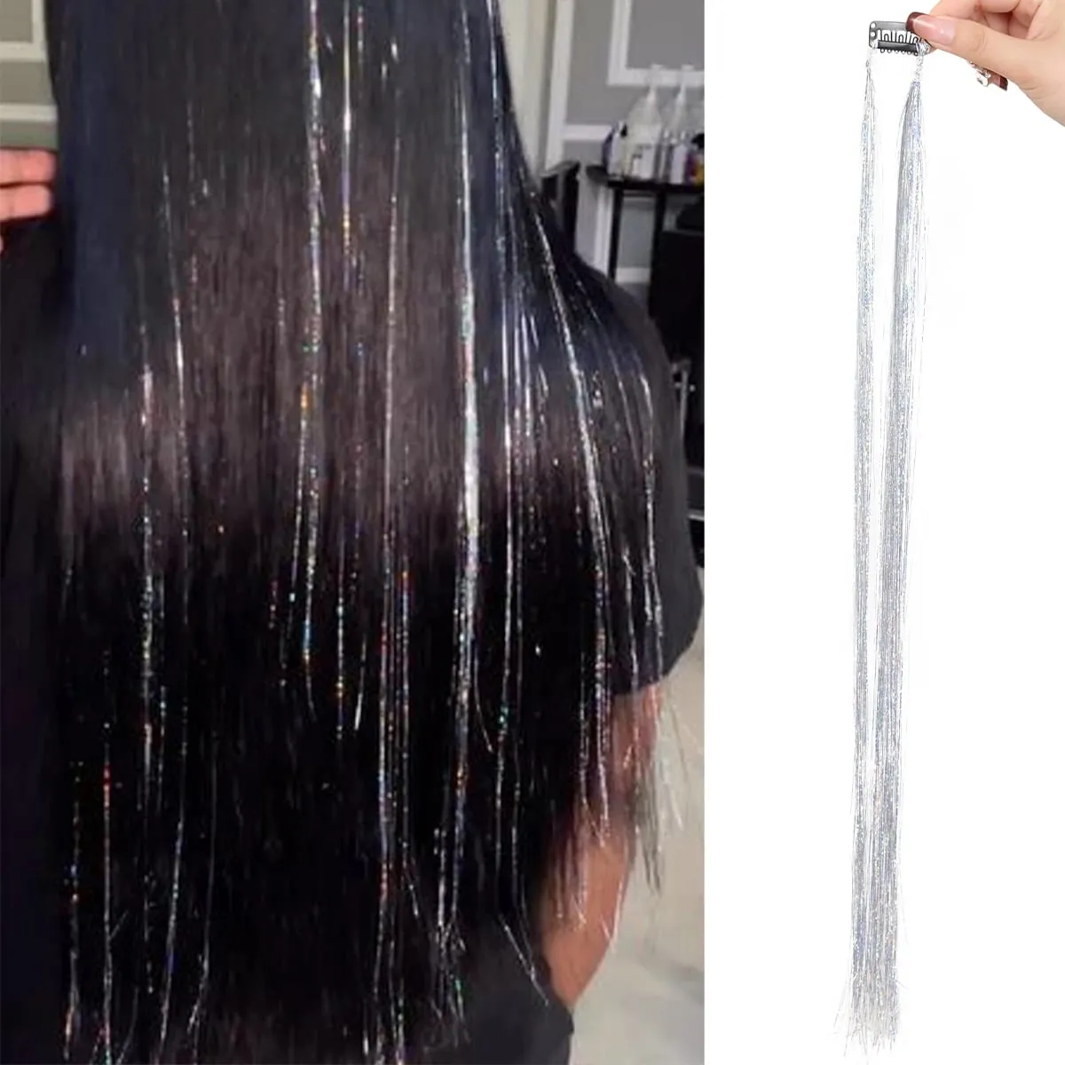 24 inch 1Pcs Colored Hair Extensions with Tinsel Long Straight Hairpiece Color Party Highlights Clip in Synthetic Hair Extension