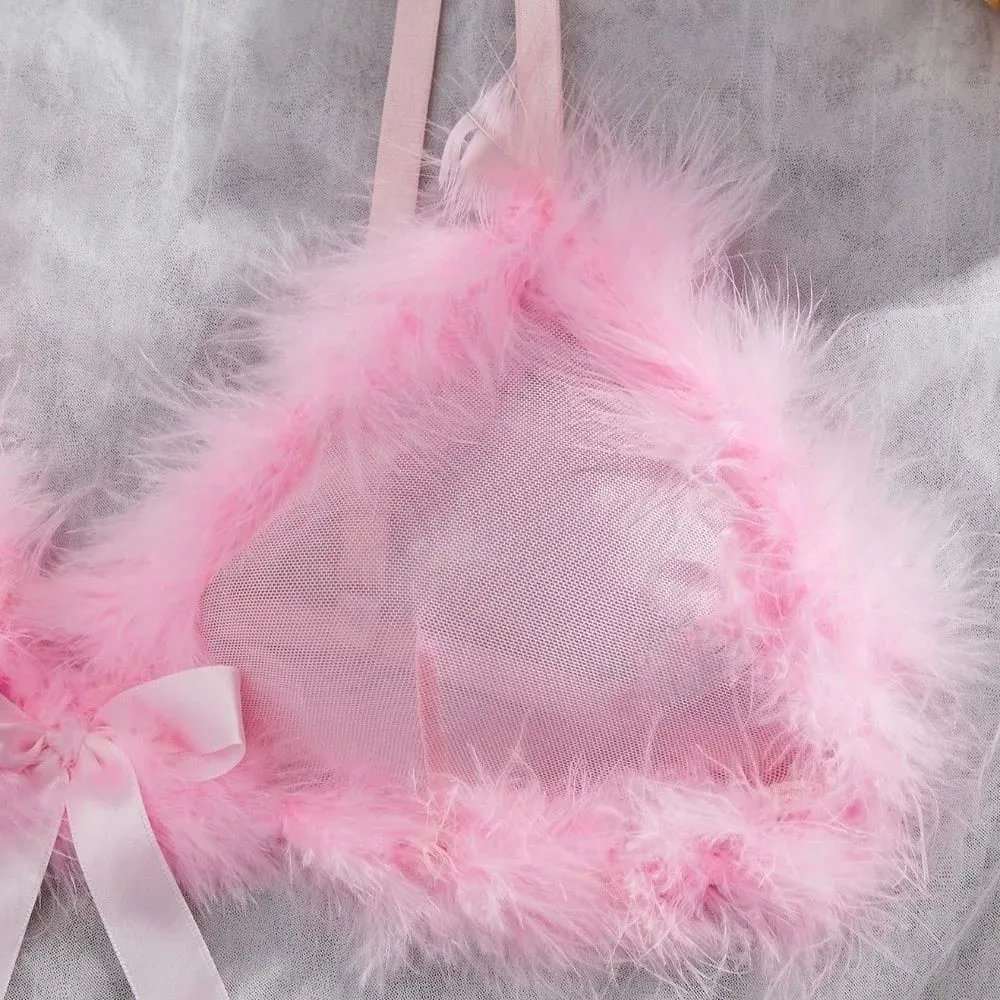 Furry Women's Underwear Mesh Transparent Wireless Lingerie Set Bow Decor Romantic Intimate Bra Panties Suit Anniversary