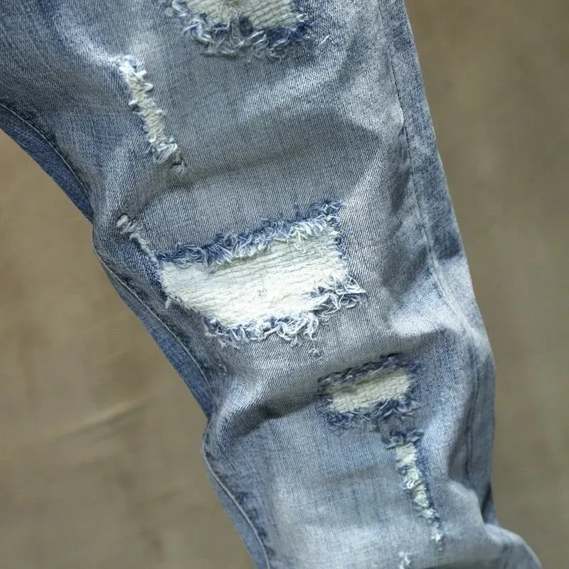 Spring and Autumn New Fashion Trend Solid Color Perforated Straight Leg Elastic Jeans Men's Casual Sports High-Quality Jeans — image 5