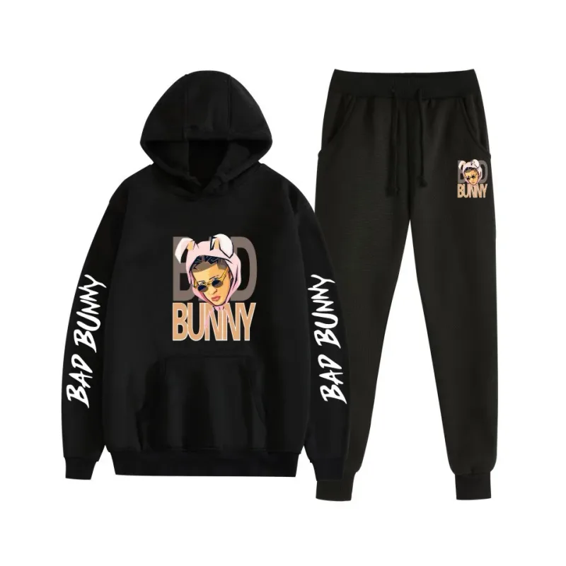 Harajuku Comfortable bad bunny Print Sweatshirt Sweatpants Suit Women's Hoodies+ Trousers Suit Boys/Girls 2 Piece Set Clothes