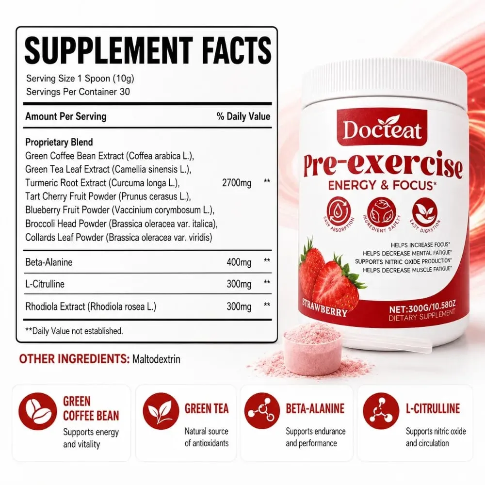 Docteat Pre Workout Powder Strawberry Energy & Focus Support Beta-Alanine L-Citrulline Rhodiola 300g 30 เสิร์ฟเครื่องดื่มผสม