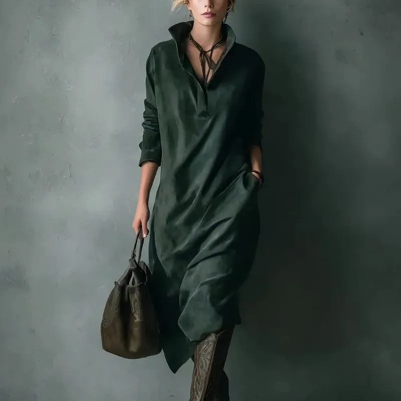 Suede New Dress Pocket Loose Long Casual Dress Solid Color Midi Relaxed Fit Dresses Female Clothing Autumn Winter Dresses