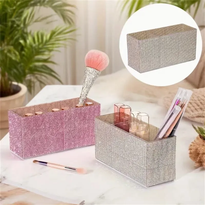 Sparkling Rhinestone Makeup Brush Organizer with 3 Compartment Large Capacity Makeup Brushes Lipstick Comestic Tools Storage Box