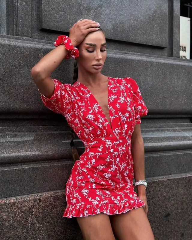 Women Red Floral Printed V-neck Short Sleeved Dress Puff Sleeve Waist Trim Ruffle Slit Hem Mini Dresses 2026 Summer Party Gowns