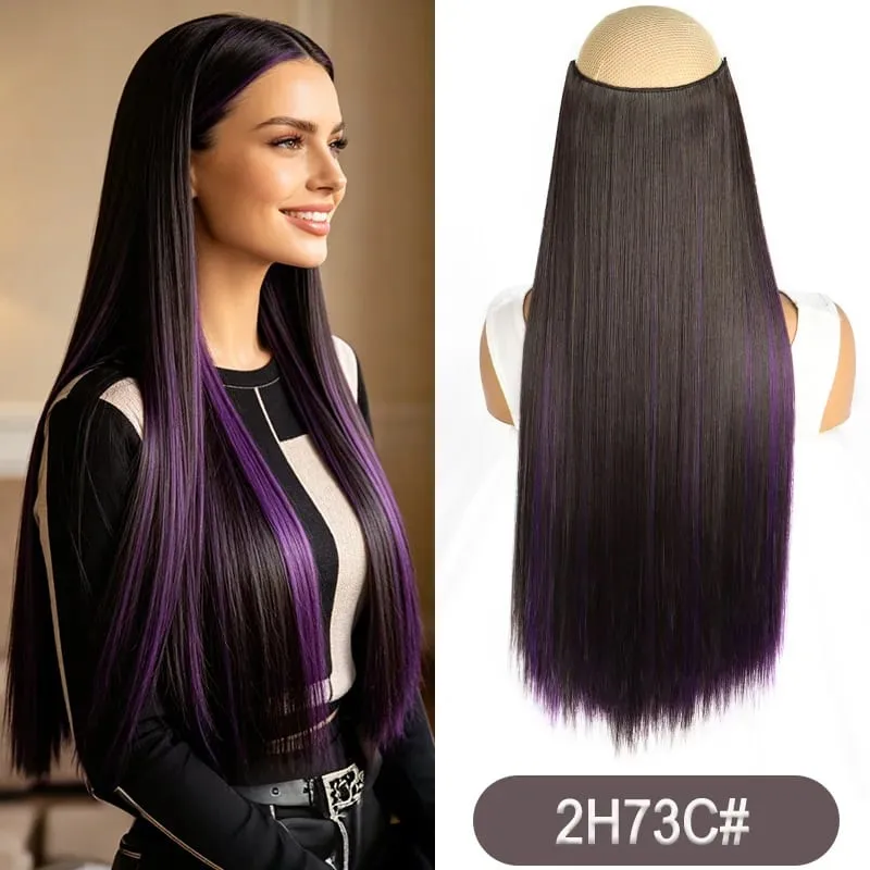 Synthetic 24Inch Long Straight One Piece Rainbow Highlight Clip In Hair Extensions for Women Daily Use Easy Wear