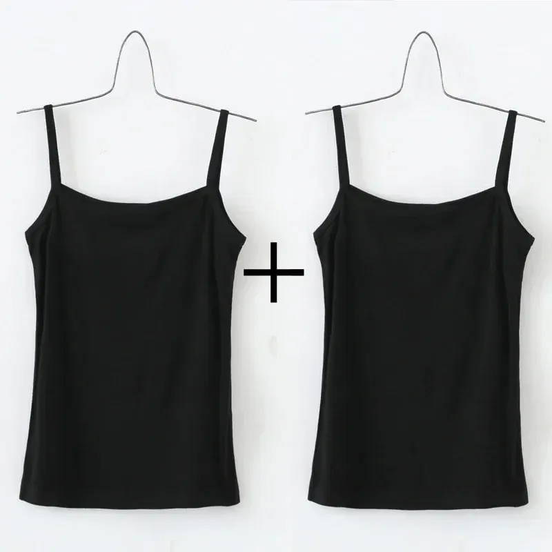 Women's Solid Color Spaghetti Straps Sleeveless Slim Camisole with Chest Pad Cotton Summer Wear Outside Female Short Tops Vests