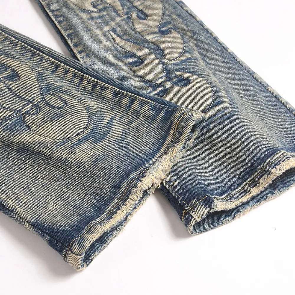 Men's Vintage Bootcut Denim Jeans Streetwear Embossed Totem Pattern Pants Retro Blue Stretch Spandex Slim Flared Trousers