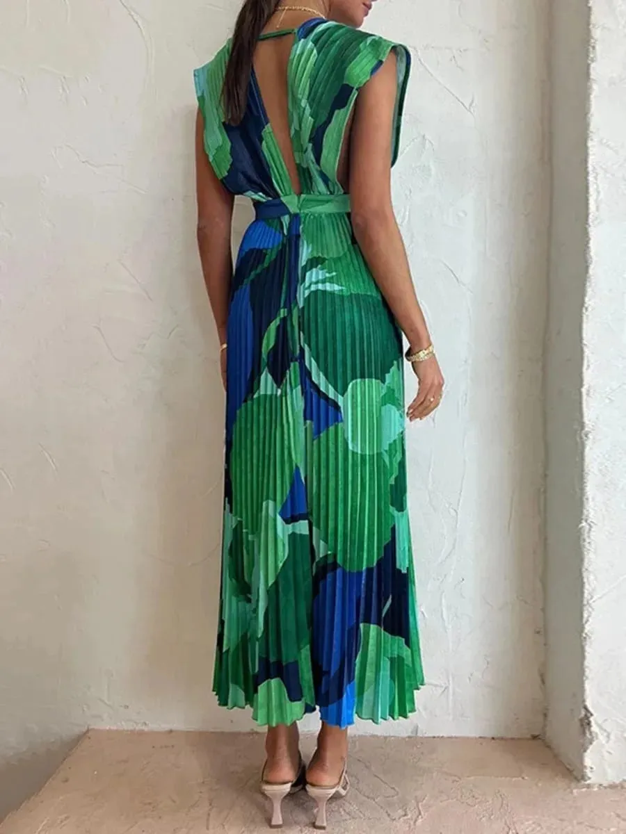 Freeacy Women's Printed Summer Dress Deep V-neck Sleeveless High Waist Pleated Midi Dress Female High Street Elegant Dresses — image 6