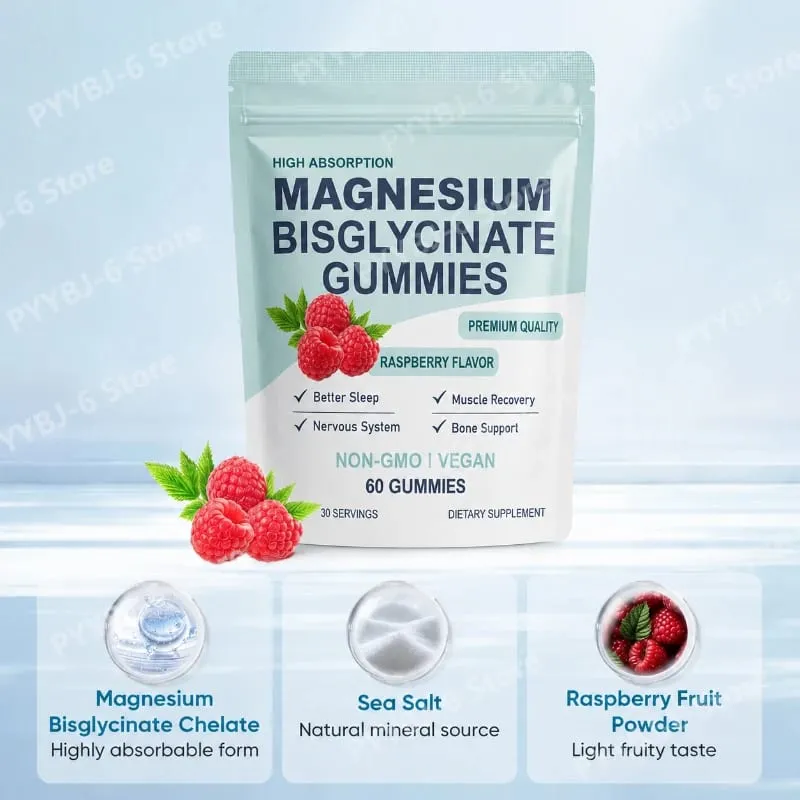 Magnesium Bisglycinate Gummies Chelated Magnesium Daily Mineral Support Vegan Raspberry Flavor Non-GMO Gluten Free 60 Count