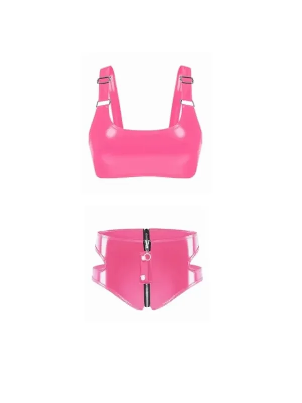 Women's Wet Look PVC Faux Leather Bra Lingerie Set Wire-Free Unlined Bralette Punk Zipper Crotch Briefs Clubwear New