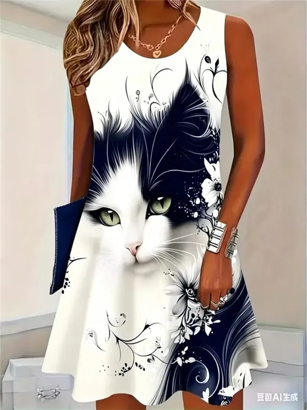 2026 New Fashion Cat Pattern Women Mini Dresses Summer Sleeveless 3D Printed Street Hip Hop Ladies Dress 3XL Plus Size Dress — image 1