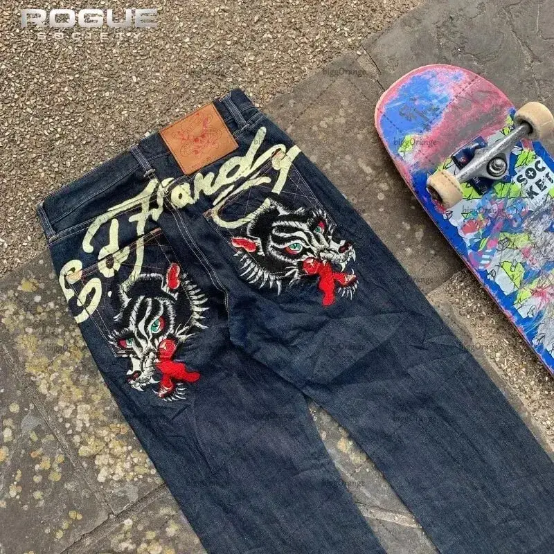 New Y2K Gothic Skull Embroidery Jeans Men High Street HipHop Punk Harajuku Loose Denim Pants Streetwear Straight Trousers Unisex