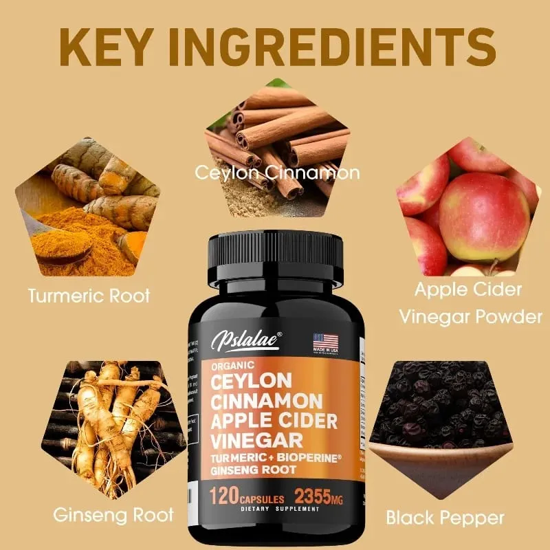 Organic Ceylon Cinnamon Capsules with Apple Cider Vinegar Turmeric Bioperine Supports Joint Brain Digestive & Heart Health
