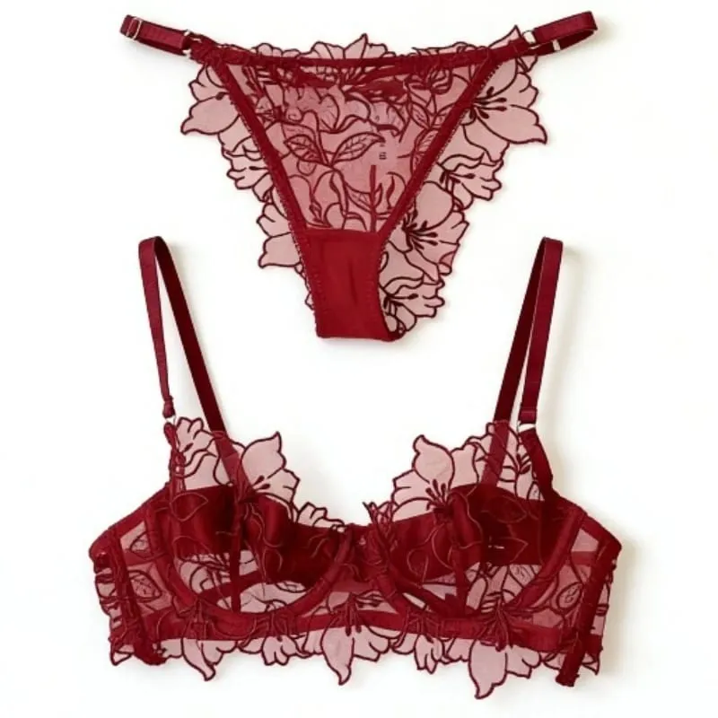 Padded Bra Set Small Bust | Lace Embroidered & Mesh Underwear Set with Soft Underwire Comfortable Demi Cup Sexy Tushy Panty PP