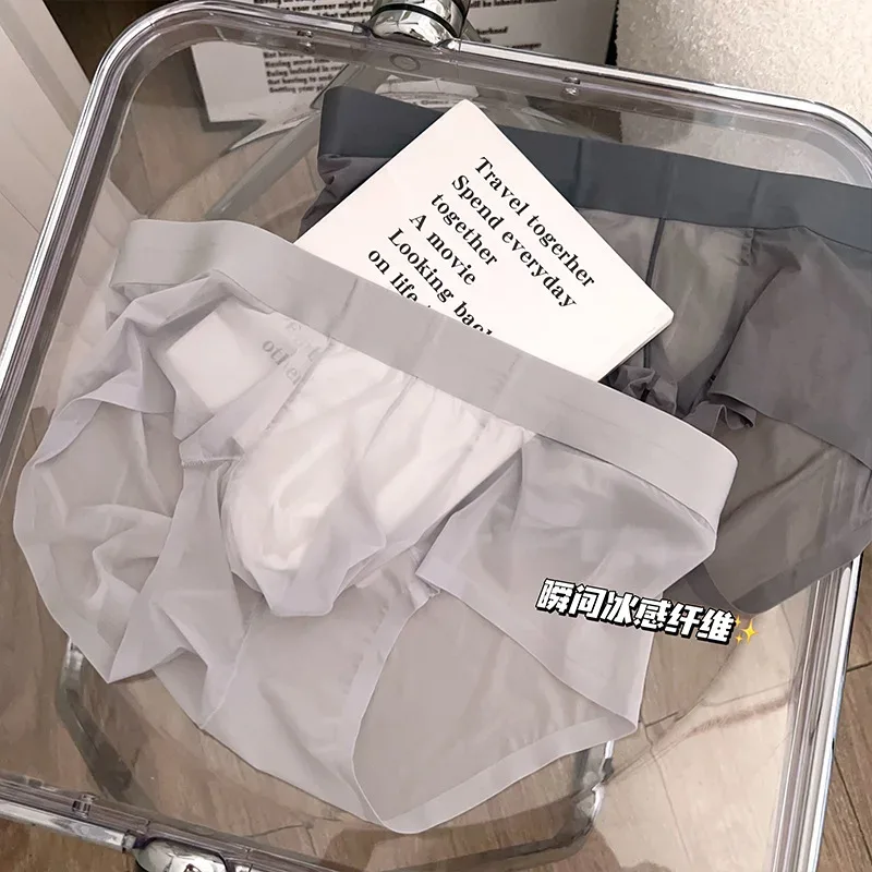 Slips transparents pour hommes Ultra-mince en soie glacée culotte à séchage rapide Sexy U poche bombée sous-vêtements pour hommes caleçons respirants Cuecas