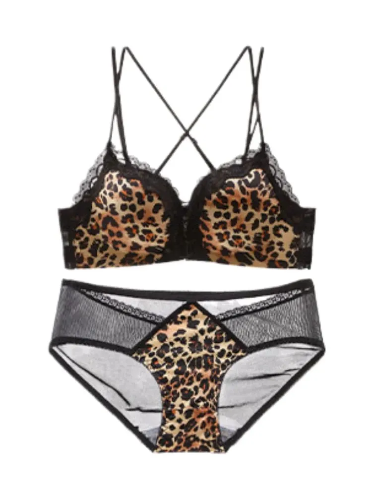 Comfortable Leopard Print Front Fastening Bra Set for Women Backless Small Chest Enhancing Hot Sale Lingerie