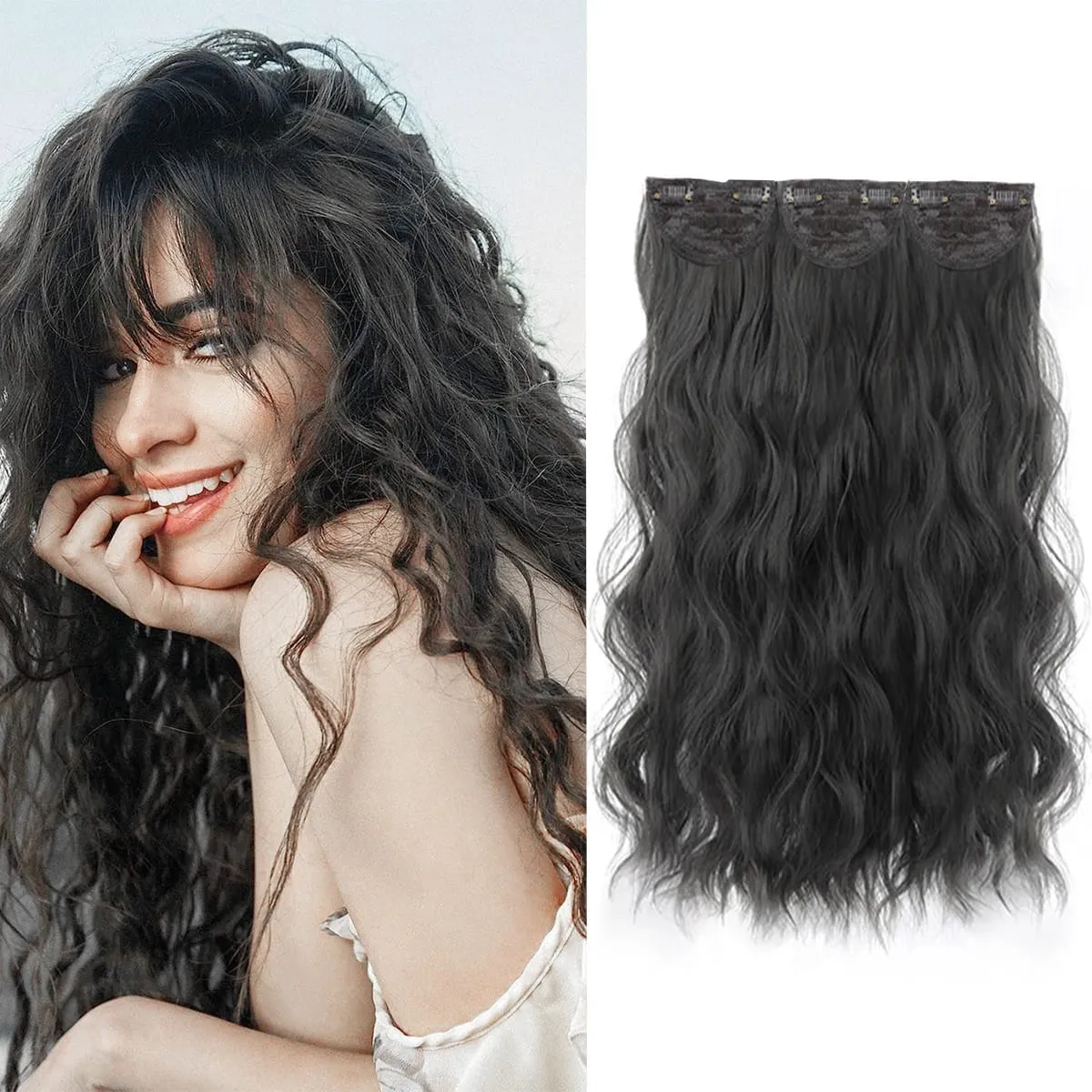 Clip in Hair Extensions for Women 3PCS Long Wavy Curly Clip on Hair Extensions 18 Inch Synthetic Thick Hairpieces