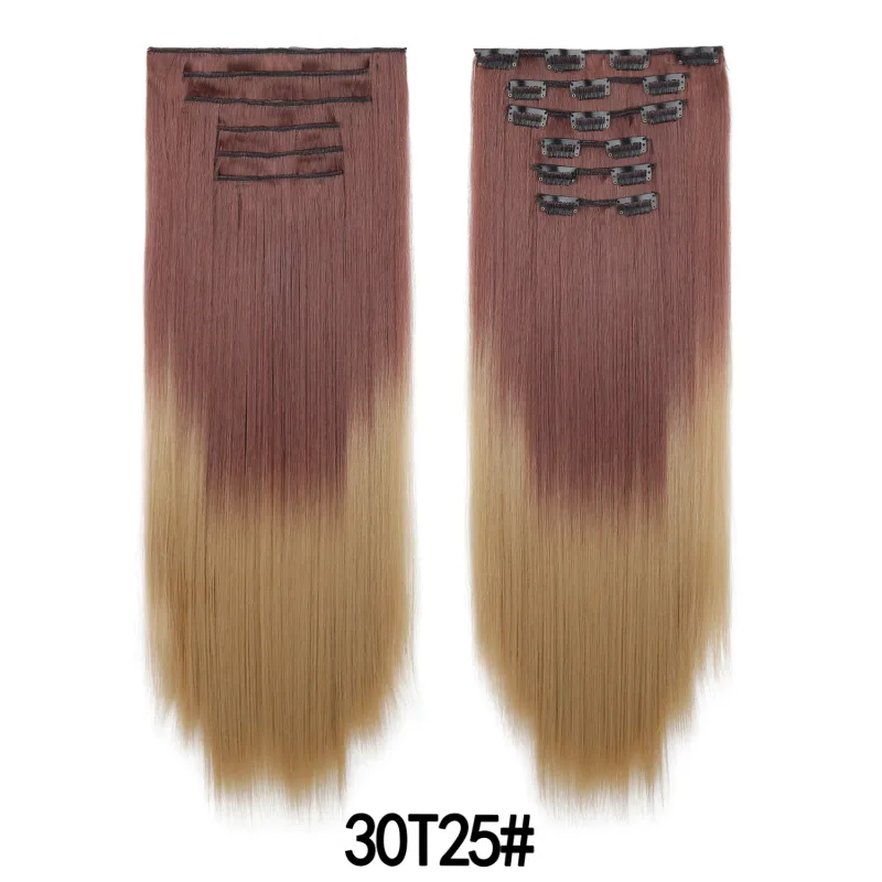 6Pcs 24 inch Ombre Color Clip-in Hair Extensions Long Synthetic Straight Hairpieces Layered Soft Invisible Clip Ins Extensions