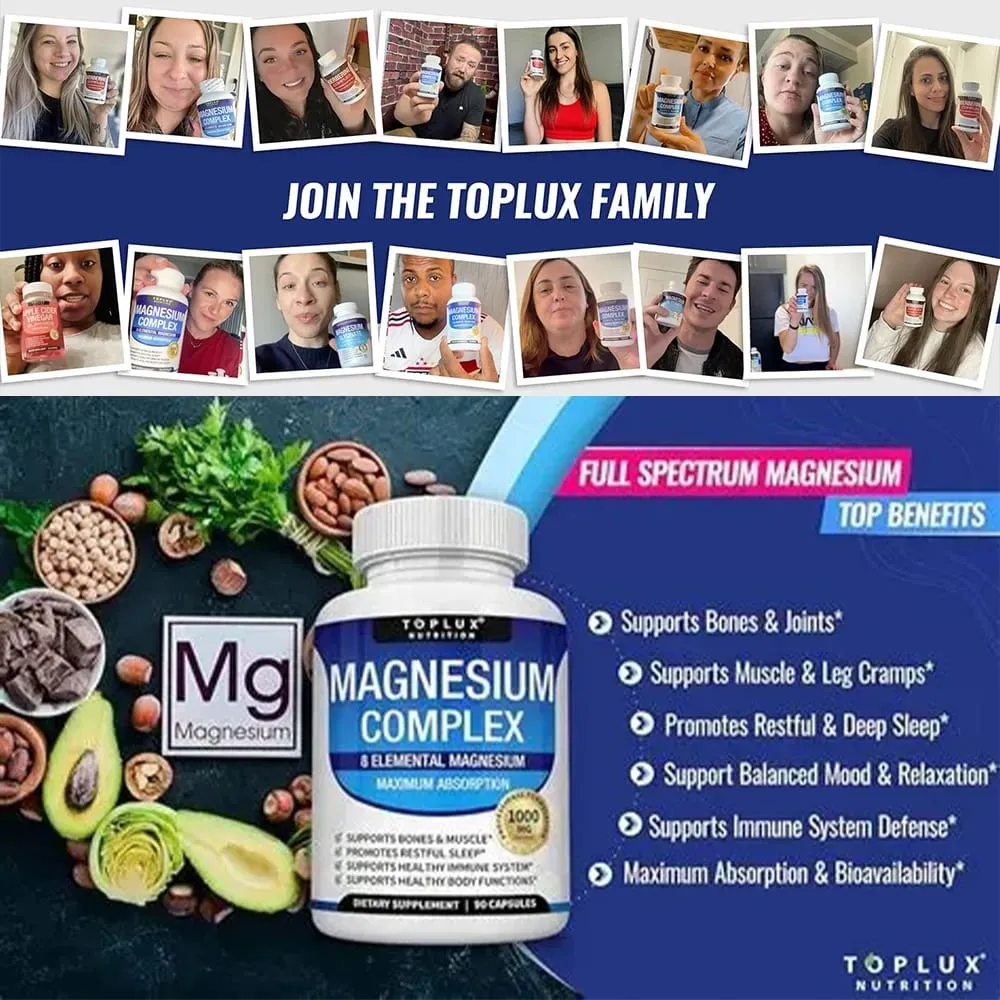 Magnesium Complex 1000mg 8 Elemental Magnesium Suplemen dengan Glycinate Citrate Oxide Aspartate Orotate Malate Taurate High Abs