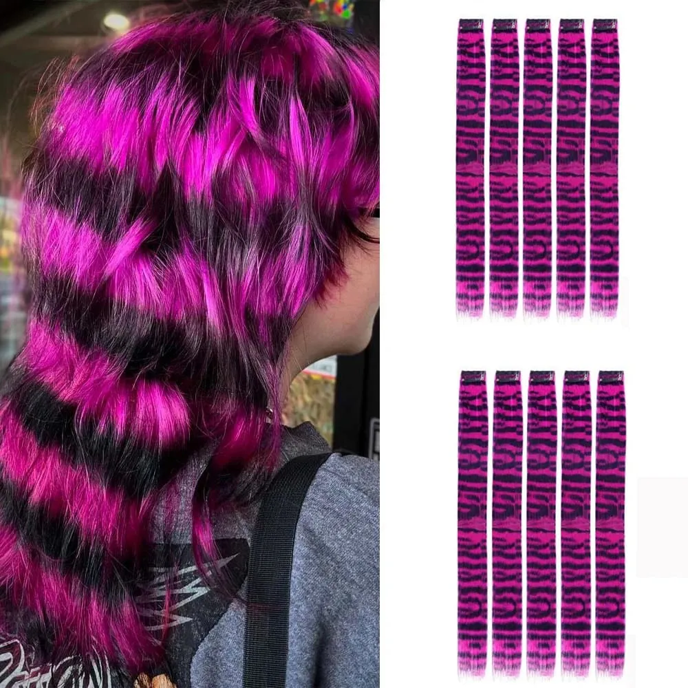 10pcs/set Stripe Printed Hair Colorful Long Straight Hair Pieces Synthetic Clip-in Hair Extensions for Daily Use Party Christmas