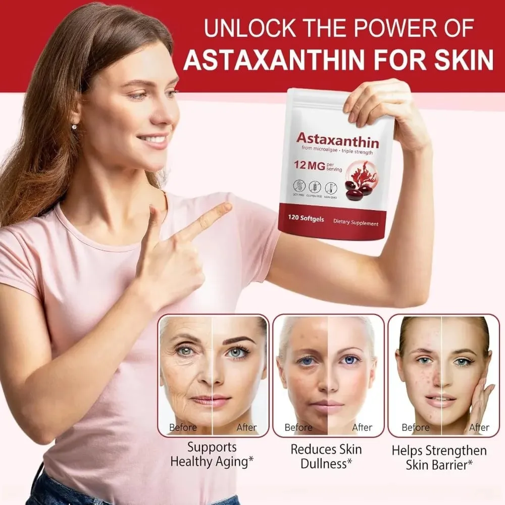 Astaxanthin Softgels 12mg Per Serving Microalgae 120 CT Gluten-Free Soy-Free Non-GMO Vegan Supports Antioxidant Activity