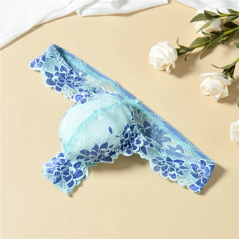Men Floral Lace Thong Low Rise Elastic Waist G‑String Breathable See‑Through Floral Print Male Underwear Sexy Lingerie Panties