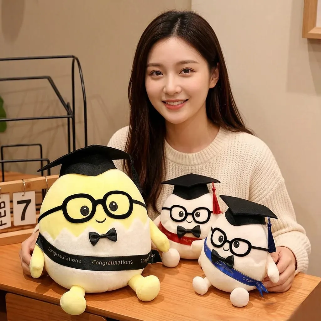 15/25cm Ribbon Humanoid Egg Plush Toy Graduation Bachelor Doctor Stuffed Plushie Kawaii Mascot Souvenir Classmate Gift
