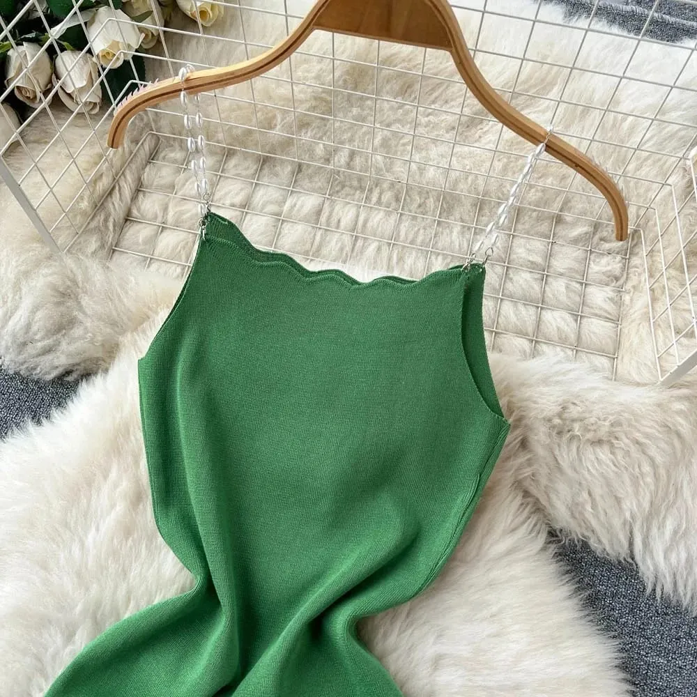 Women's Green Spaghetti Strap Square Neck Scalloped Stretchy Ribbed Knit Bodycon Mini Dress Summer Party Night Dress Outfits