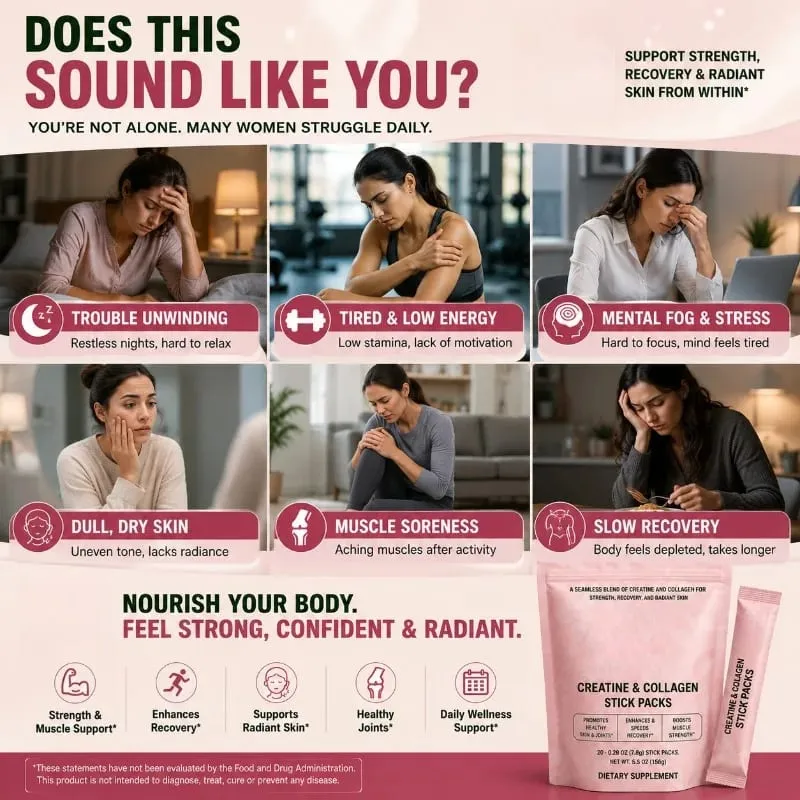 Creatine & Collagen Powder Stick Packs Supports Strength Recovery & Skin Health – Daily Nutrition Supplement 20Servings Per Bag