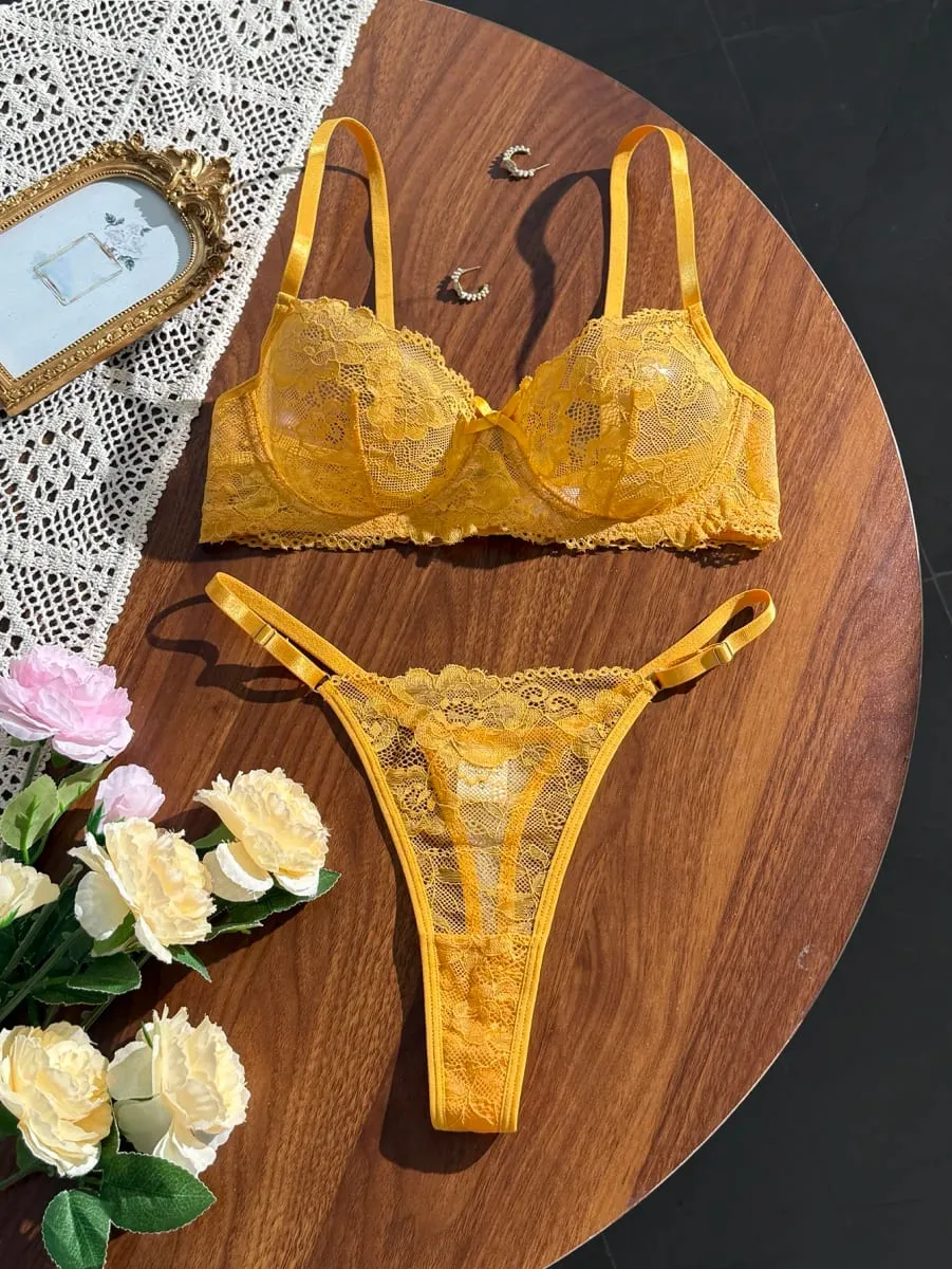 Yellow Lace Floral Ladies' Ultra-Thin Bra Set 2-Piece Combo with Bra And Underwear for Comfortable Undergarment Wear — image 4