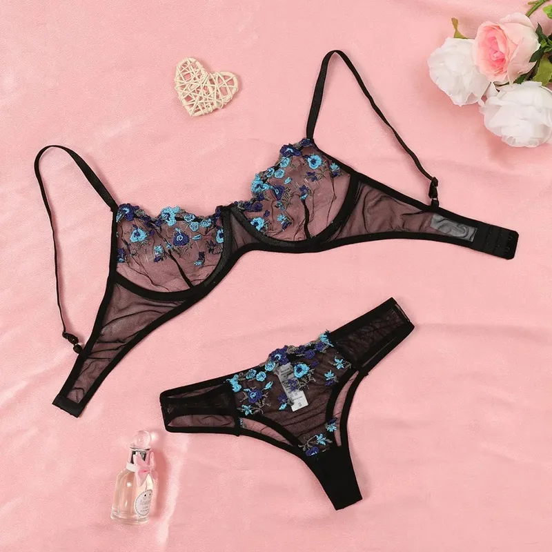 Purple Fancy Lingerie Set Women Embroidered Flower Bra and Panty Underwear Female Outfits